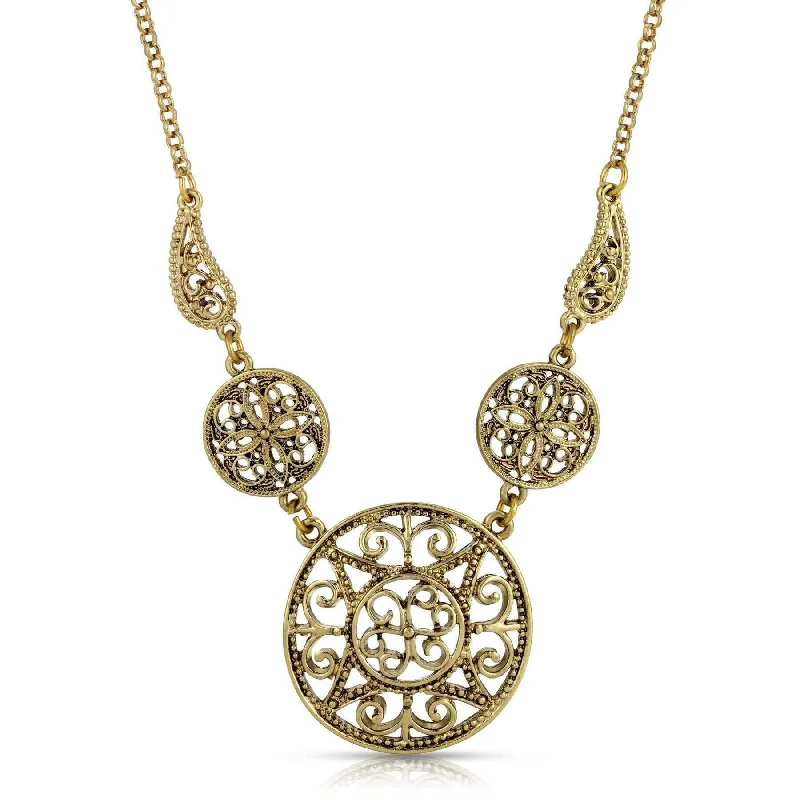 Moon Necklaces-1928 Jewelry Gentian Flower Disks Ornate Filigree Pendant Necklace 16" + 3" Extender