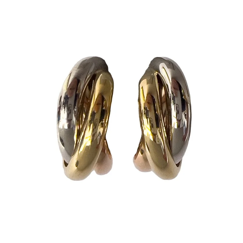 Pearly Silver Earrings-Cartier Trinity Tri Color 750 18k White Yellow & Rose Gold Clip-On Earrings 15g