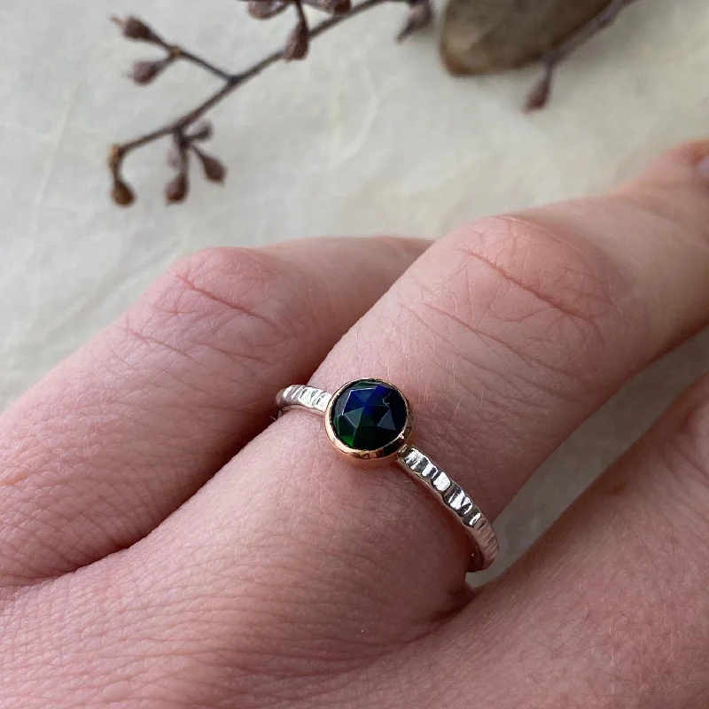 Birthstone Wedding Bands-Rose Gold and Silver Black Opal Ring