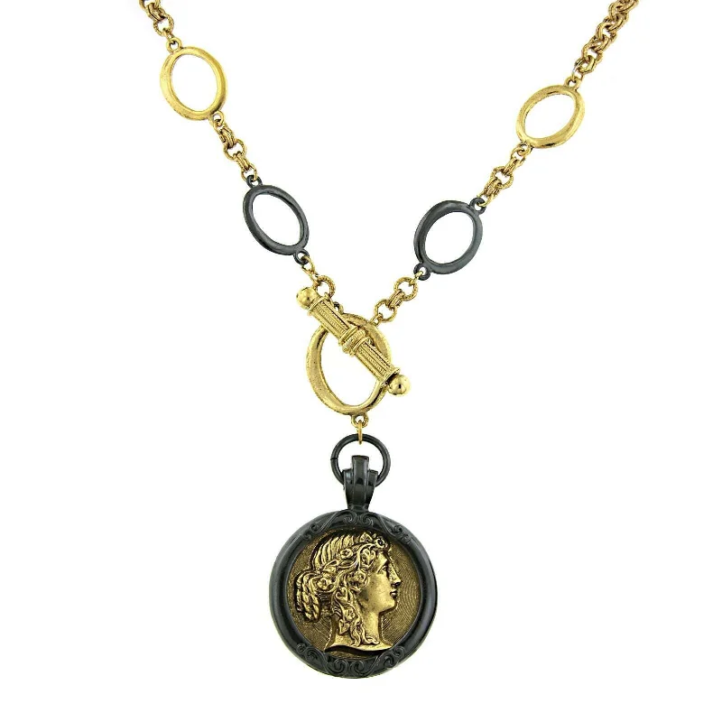 Rose Gold Necklaces-Antiquities Couture Black And Gold Grecian Cameo Pendant Necklace 18"