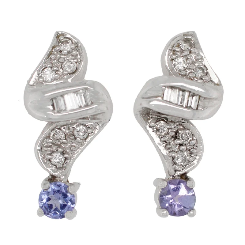 Geometric Drop Earrings-Vintage Blue Tanzanite Swirled Stud Earrings w/ Diamond Accents - 14k White Gold