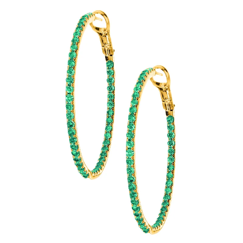 Designer Drop Gemstone Earrings-Mary Hoops Yellow Gold Emerald 2mm