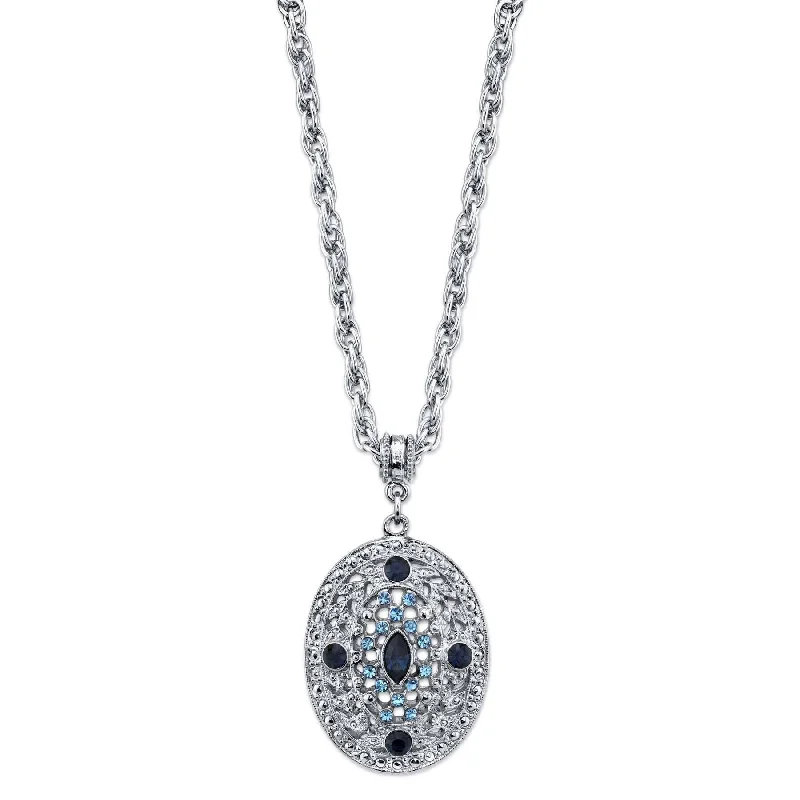 Adjustable Necklaces-1928 Jewelry Dark and Light Blue Crystal Filigree Oval Pendant Necklace 16" + 3" Extender