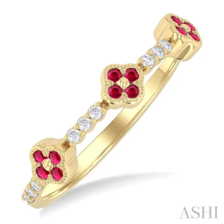 Couples Engagement Rings-1.25 MM Round Cut Ruby and 1/10 ctw Clover Leaf & Bar Link Round Cut Diamond Precious Ring in 10K Yellow Gold