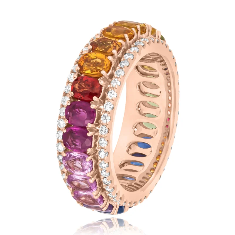 Custom Gemstone Engagement Rings-Oval cut Multi Colour Sapphires & Diamonds eternity Ring