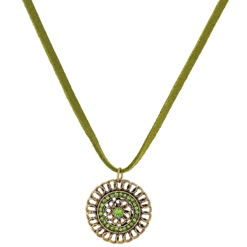 Custom Logo Necklaces-1928 Jewelry Green Velvet Choker Olivine Green Crystal Round Flower Pendant Necklace 16"