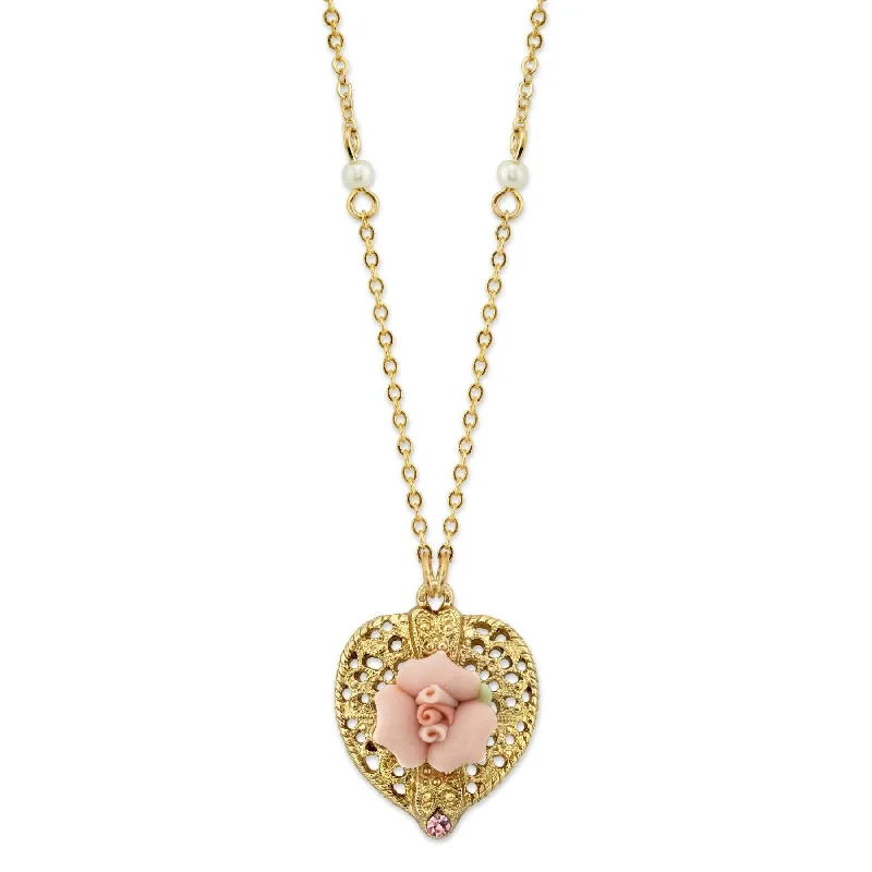 Simple Gold Necklaces-1928 Bridal Pink Crystal Heart And Pink Porcelain Rose Filigree Pendant Necklace 16" + 3" Extender