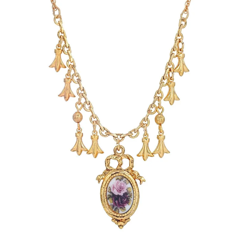 Adjustable Necklaces-1928 Jewelry Manor House Pink And Purple Rose Pendant Charms Necklace 16" + 3" Extender