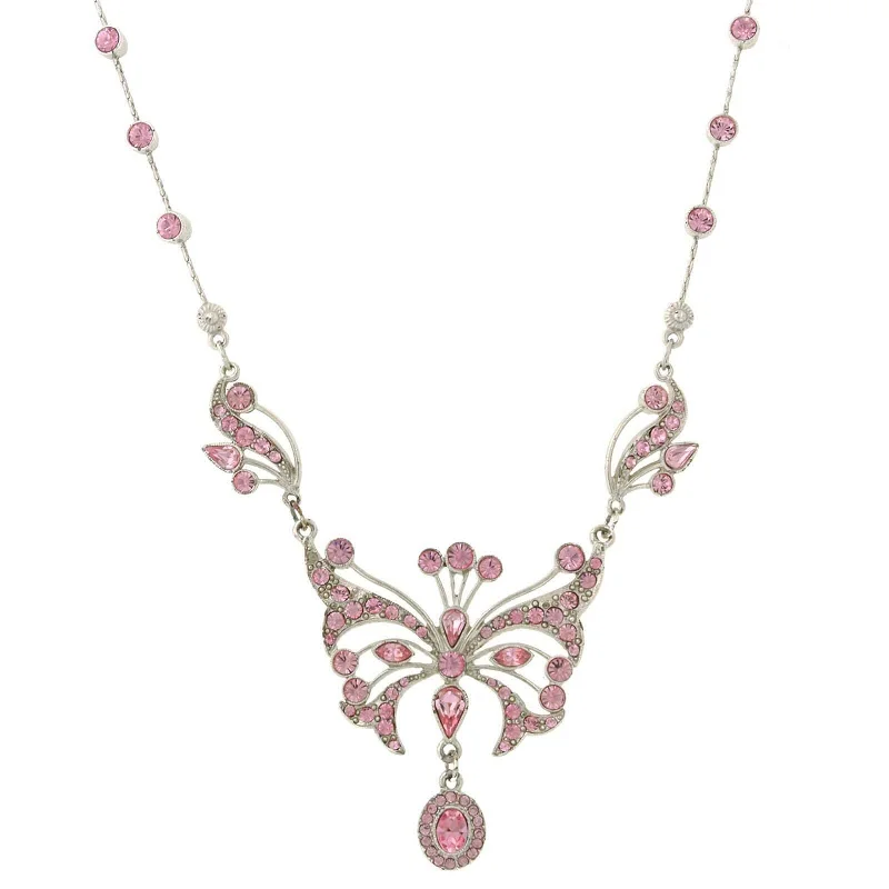 Gold-Plated Necklaces-1928 Jewelry Silver With Pink Austrian Crystal Butterfly Pendant Necklace 15" + 3" Extender In Box