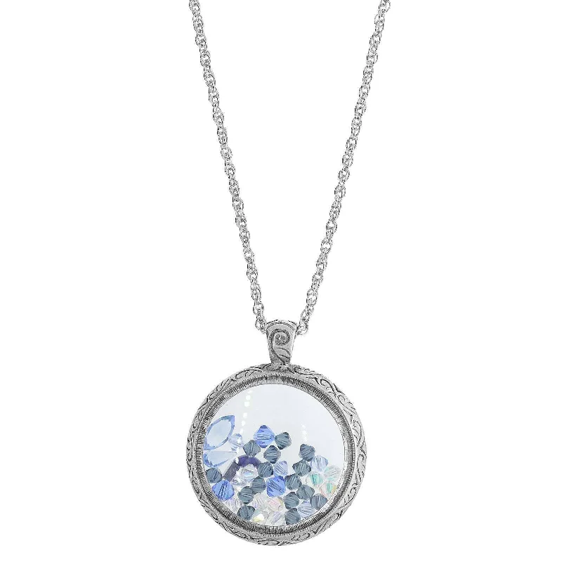 Personalized Silver Necklaces-1928 Jewelry Pewter Round Glass With Blue Crystal Beads Pendant Necklace 30"