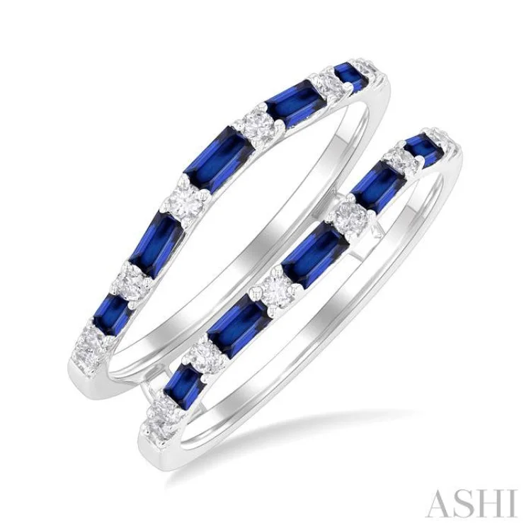 Custom Sapphire Rings-2.1x1.4, 2.9x1.5 & 3.1x1.5 MM Baguette Cut Sapphire and 1/5 ctw Round Cut Diamond Precious Insert Ring in 14K White Gold