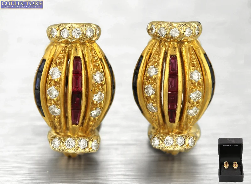 Minimal Hoop Earrings-Vintage Portero 18K 750 Yellow Gold 0.68ctw Diamond Blue Pink Sapphire Earrings