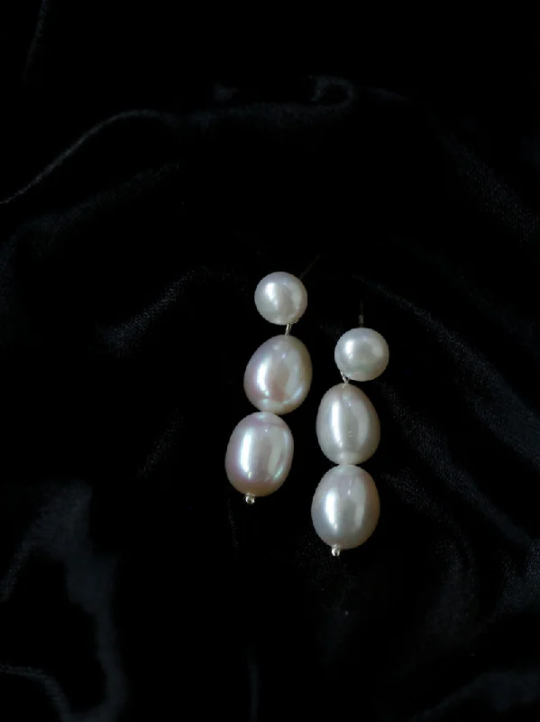 Silver Hoop Drop Earrings-Three Freshwater Pearl Drop Earrings