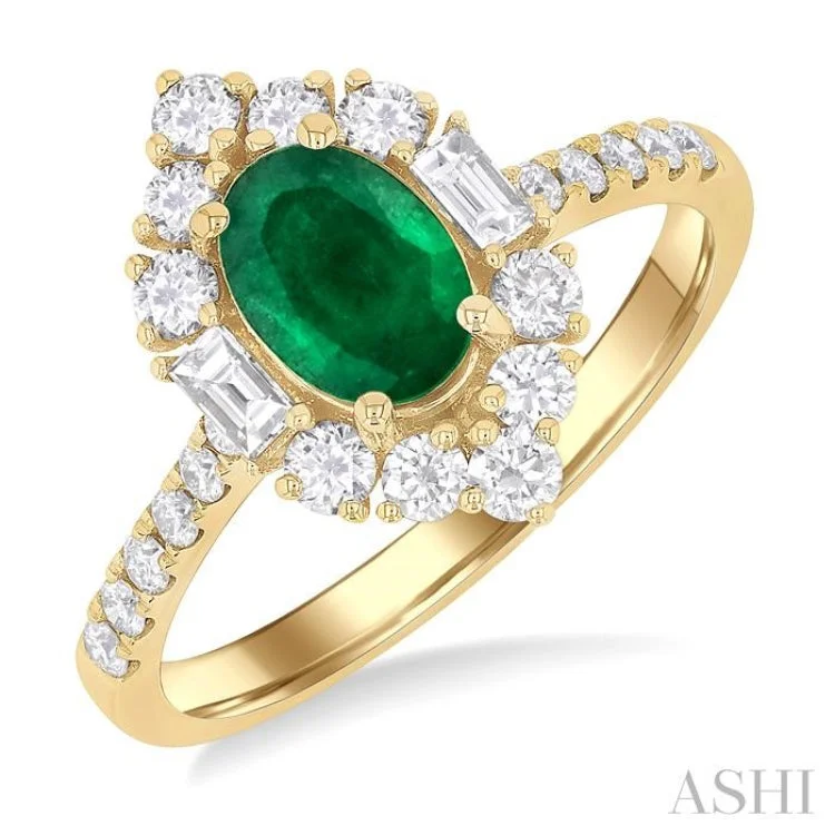 Customized Fashion Rings for Women-7x5 MM Oval Cut Emerald & 5/8 ctw Baguette and Round Cut Diamond Halo Precious Ring in 14K Yellow Gold