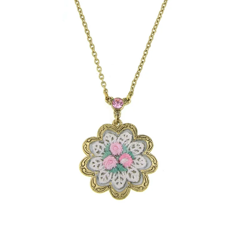 Gold Necklaces-1928 Jewelry Knit Doily Pink Rose Flower Crystal Accent Pendant Necklace, 16 + 3" Extender