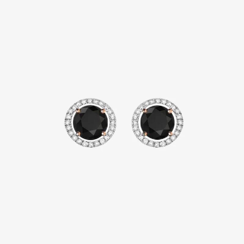 Floral Silver Earrings-Black and White Diamonds. Halo Gold Stud Earrings