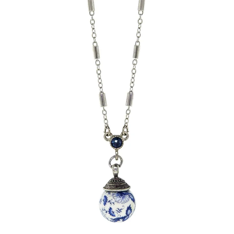 Boho Chic Necklaces-1928 Jewelry Blue Willow Round Beaded Crystal Accent Drop Pendant Necklace 16" + 3" Extender