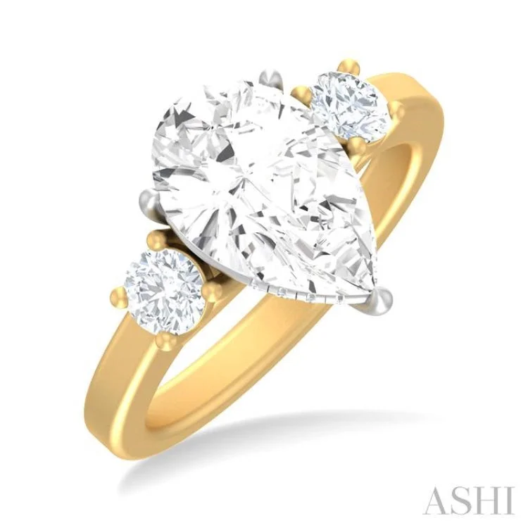 Custom Ring Engravings-1/2 ctw Tri-Mount Pear Shape Round Cut Diamond Semi Mount Engagement Ring in 14K Yellow and White Gold