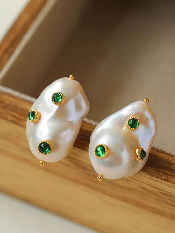 Silver Crystal Stud Earrings-Handcrafted Baroque Pearls Earrings-Green