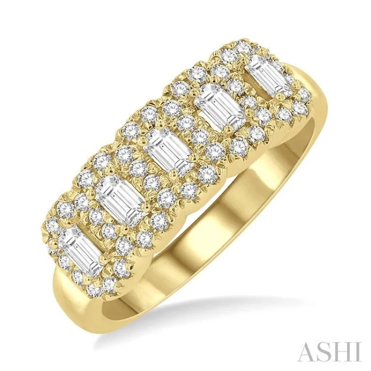 Classic Diamond Wedding Bands-1.00 ctw Octagonal Shape 5 Stone Emerald & Round Cut Diamond Halo Wedding Band in 14K Yellow Gold