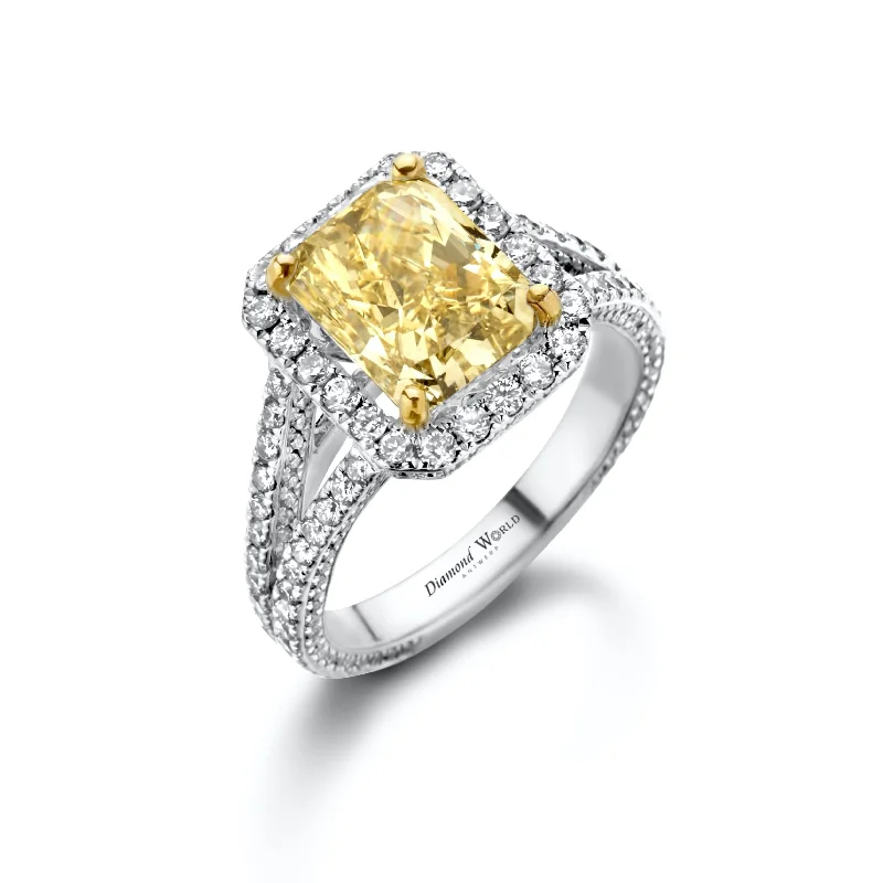 Wedding Bands with Birthstones-Split sided halo set Fancy Yellow Radiant cut Diamonds Ring