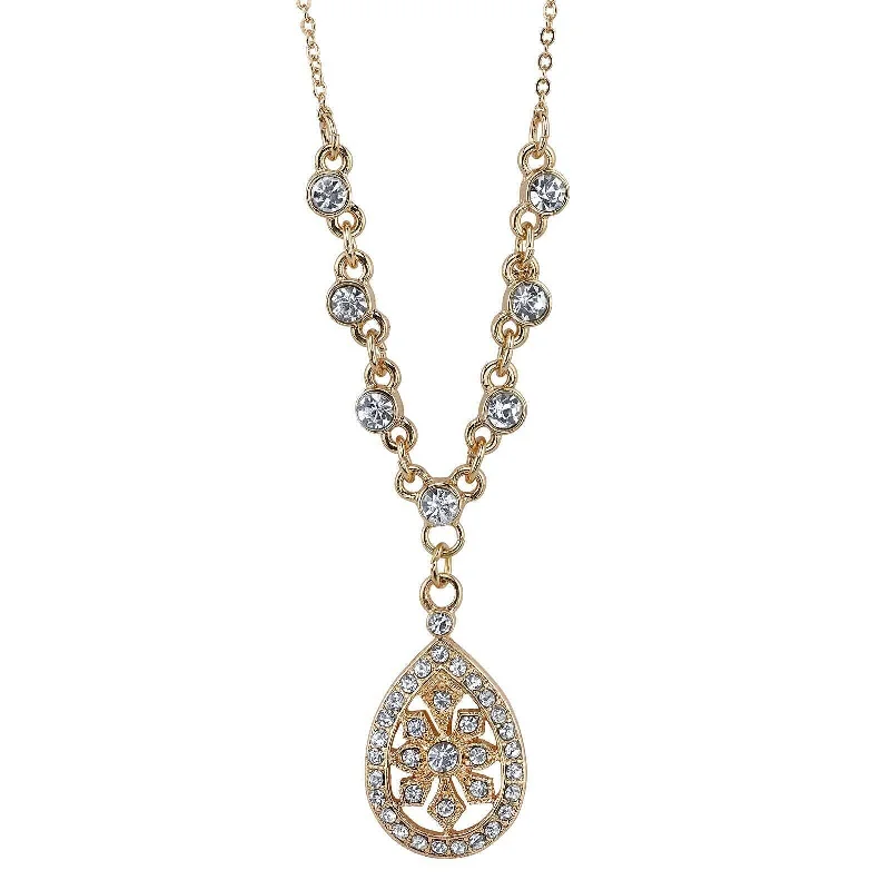 Simple Chain Necklaces-1928 Jewelry Crystal Filigree Teardrop Necklace 16" + 3" Extender