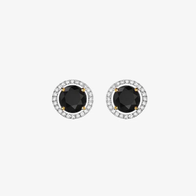 Pink Sapphire Earrings-Black and White Diamonds. Halo Gold Stud Earrings