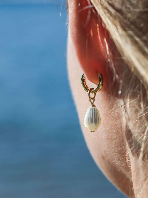 Modern Designer Earrings-Mother of Pearl and Gold Flower Lei Charm Huggie Hoop Earrings - Lei