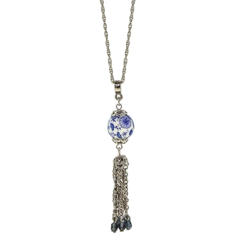 Custom Birthstone Pendant Necklaces-1928 Jewelry Blue Willow Round Bead With Tassel Drop Necklace 16" + 3" Extender