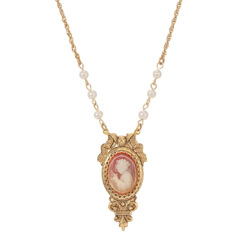 Trendy Pendant Necklaces-1928 Jewelry Victorian Reflections Carnelian & Ivory Cameo Faux Pearl Accent Necklace 18"