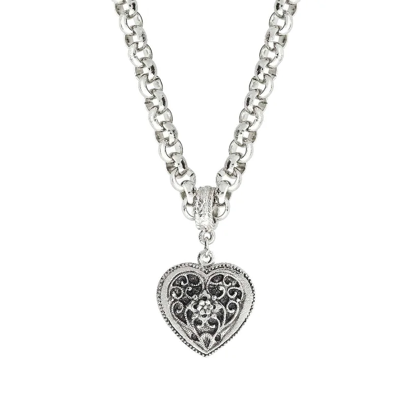 Antique Necklaces-1928 Jewelry Silver Filigree Flower Heart Pendant Necklace 16" + 3" Extender