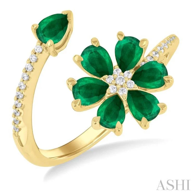 Affordable Wedding Rings-4X3 MM Pear Cut Floral Blossom Emerald and 1/10 ctw Round Cut Diamond Open Precious Ring in 14K Yellow Gold