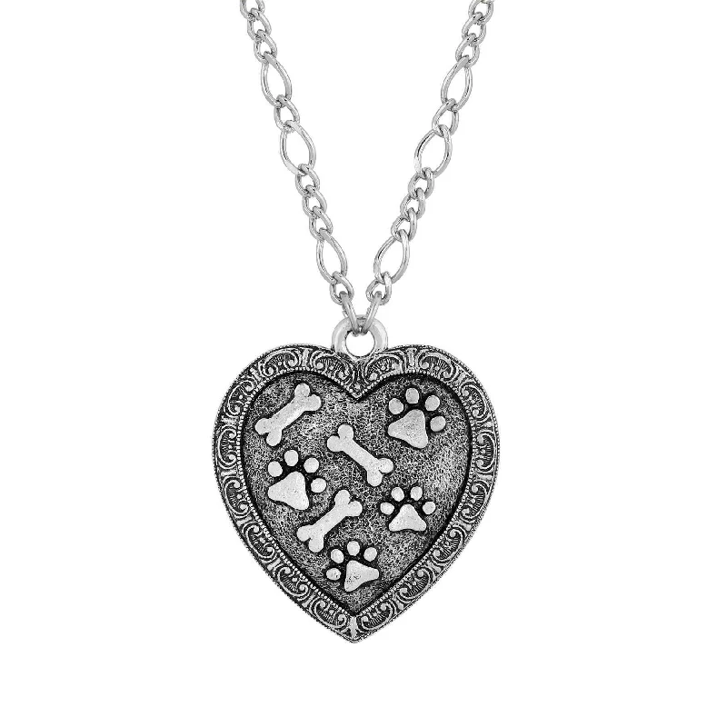 Zodiac Pendant Necklaces-1928 Jewelry Pewter Heart Paws And Bones Pendant Necklace 28"