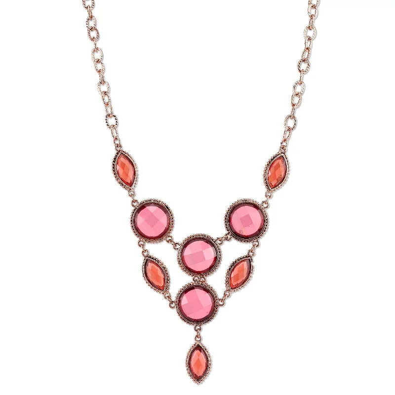 Anniversary Necklaces-2028 Jewelry Pink-Orange And Raspberry Color Faceted Bib Necklace 16" + 3" Extender