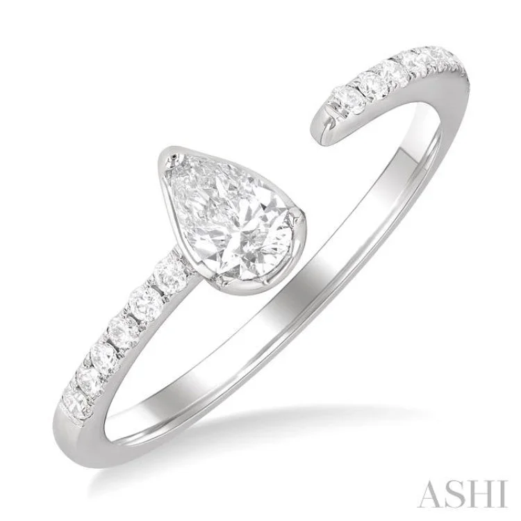 Promise Rings with Custom Engraving-3/8 ctw Pear and Round Cut Diamond Fashion Open Ring in 14K White Gold