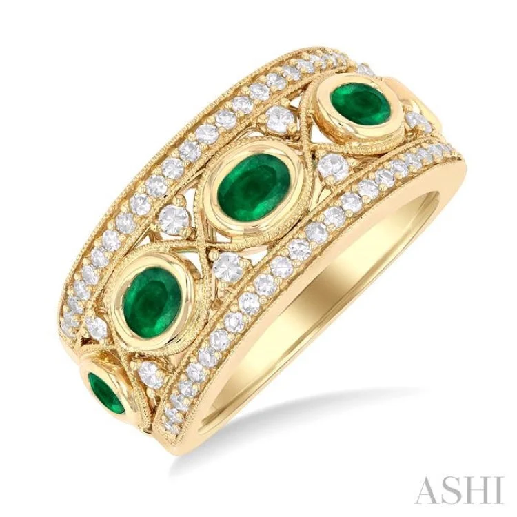 Custom Luxury Rings-4x3 MM Oval and 2.8 MM Round Cut Emerald and 3/8 ctw Curvy Criss-Cross Single Cut Diamond Precious Band in 14K Yellow Gold