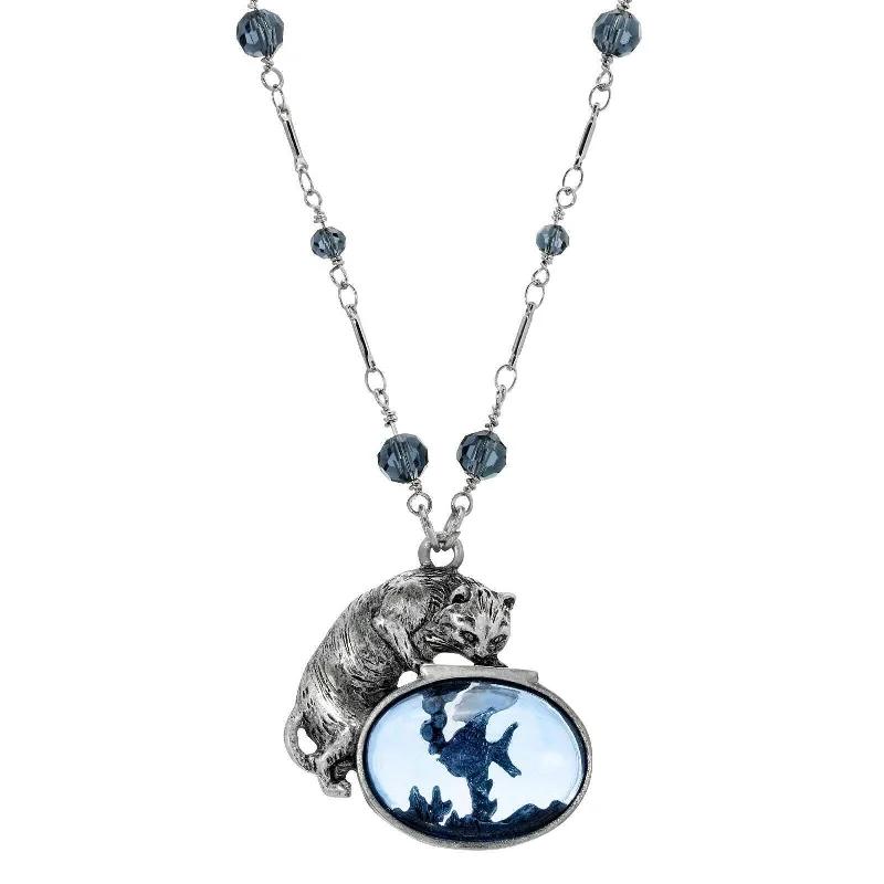 Men's Necklaces-1928 Jewelry Cat And Blue Fish Pendant Necklace 30"