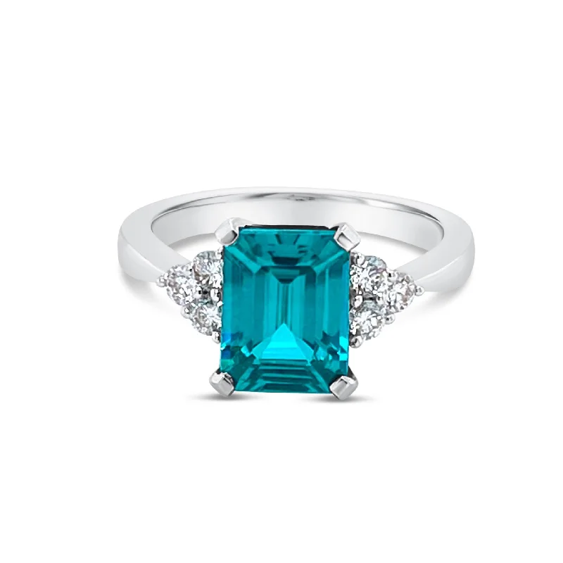 Fashion Diamond Rings for Women-Emerald cut Paraiba & diamonds Ring