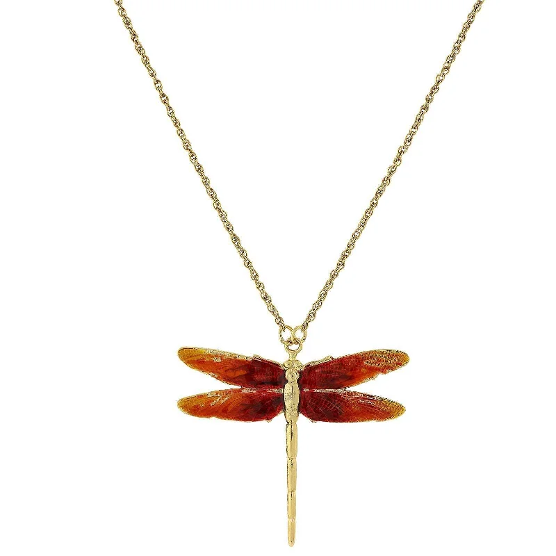 Fashion Jewelry Necklaces-1928 Jewelry Orange Enamel Dragonfly Pendant Necklace 16" + 3" Extender