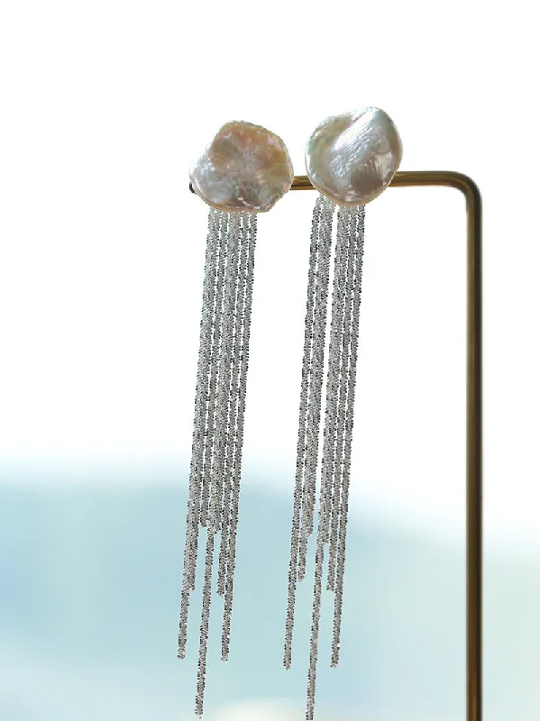 Large Pearl Drop Earrings-Anemone Chain Silver Tassel Petal Baroque Pearls Earrings