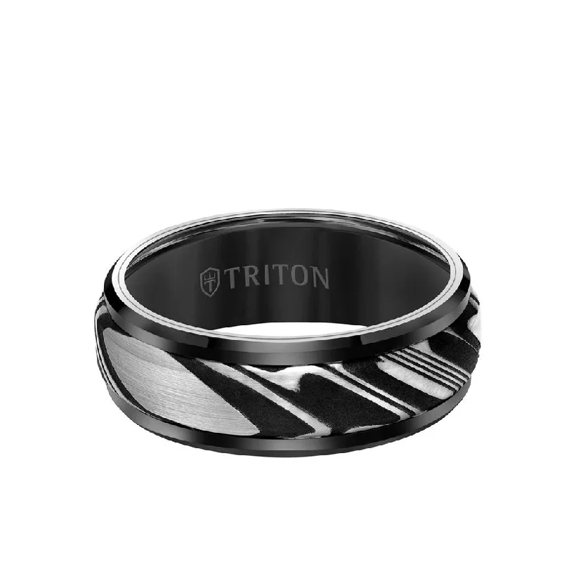 Silver Wedding Bands for Men-8MM Tungsten Carbide Ring - Damascus Steel with Bevel Edge