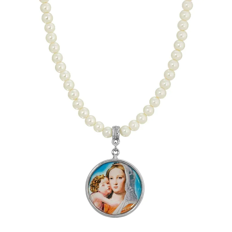 Personalized Gold Necklaces-Symbols Of Faith 5mm Faux Pearl Strand Round Mary and Child Pendant Necklace  15" + 3" Extender