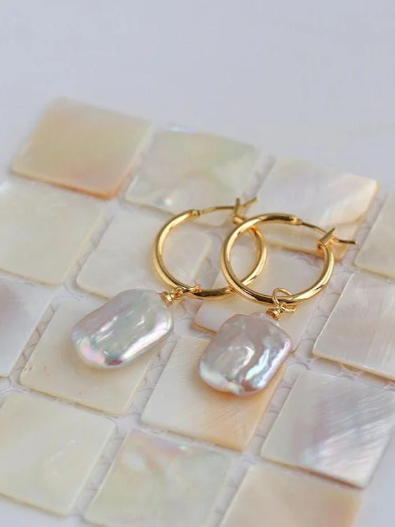 Mixed Metal Earrings-Square Baroque Pearl Drop Hoop Earrings