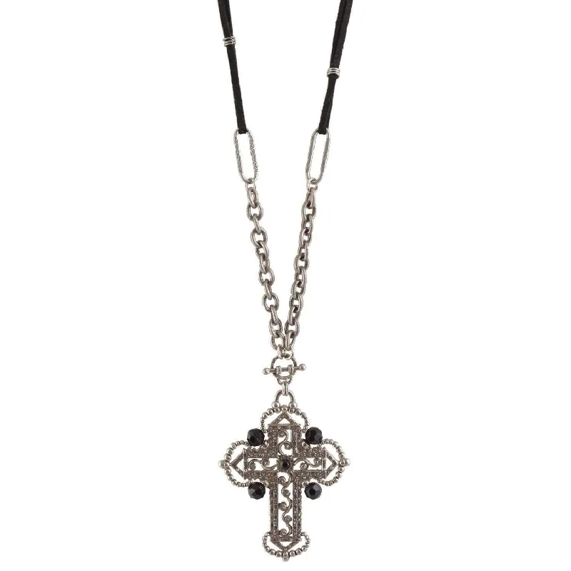 Trendy Gold Necklaces-1928 Jewelry Black Bead Ornate Cross Pendant Necklace 30"