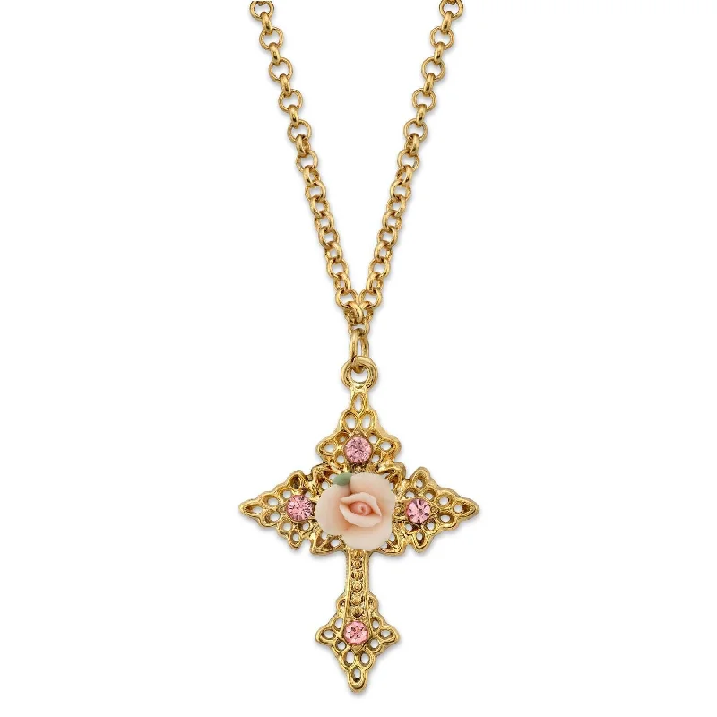 Layered Necklaces-1928 Jewelry Porcelain Rose Cross Filigree Pendant Necklace 18" + 3" Extender