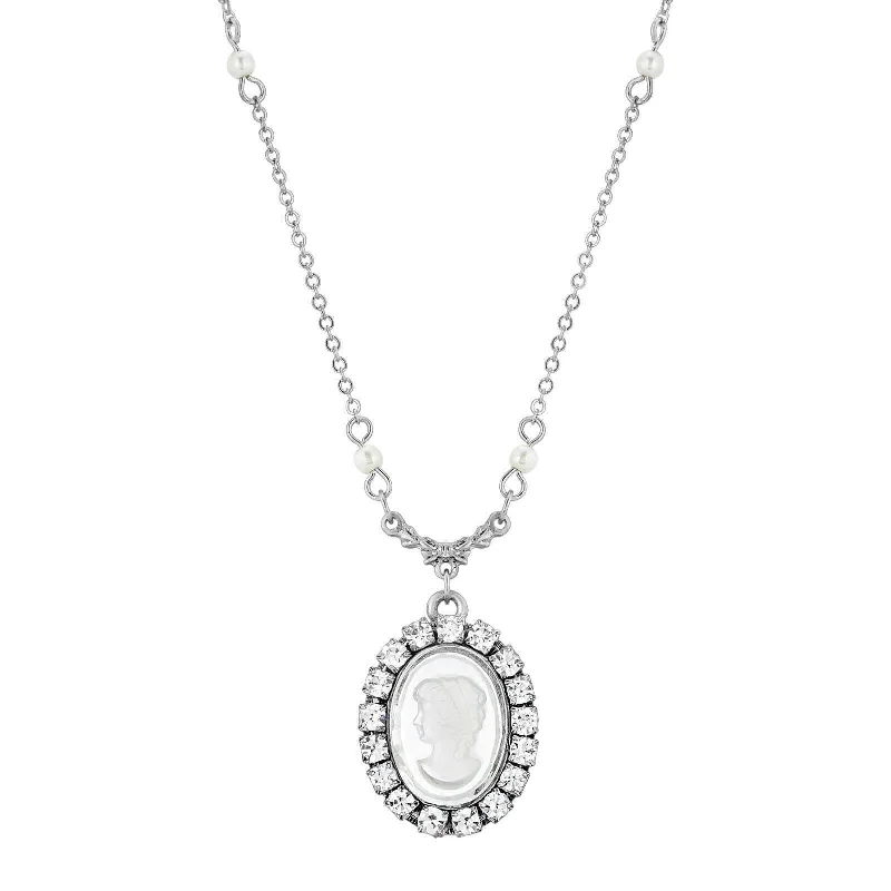 Beaded Necklaces-1928 Jewelry Elenor Oval Intaglio Crystal White Faux Pearl Pendant Necklace 16" + 3" Extender