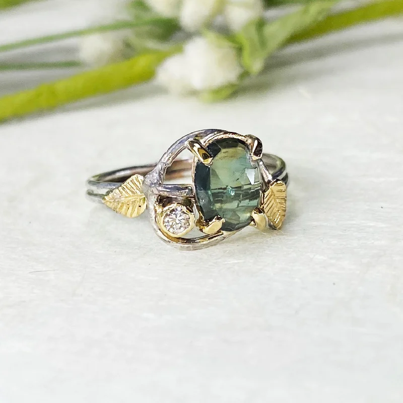 Wedding Ring Sets-14k White and Yellow Gold Green Sapphire Leaf Ring