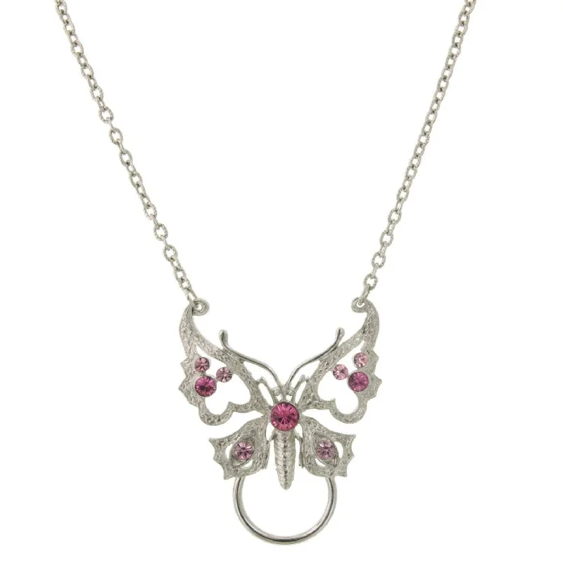 Custom Picture Necklaces-1928 Jewelry Pink Crystal Butterfly Badge & Eyeglass Holder Chain Necklace 28"