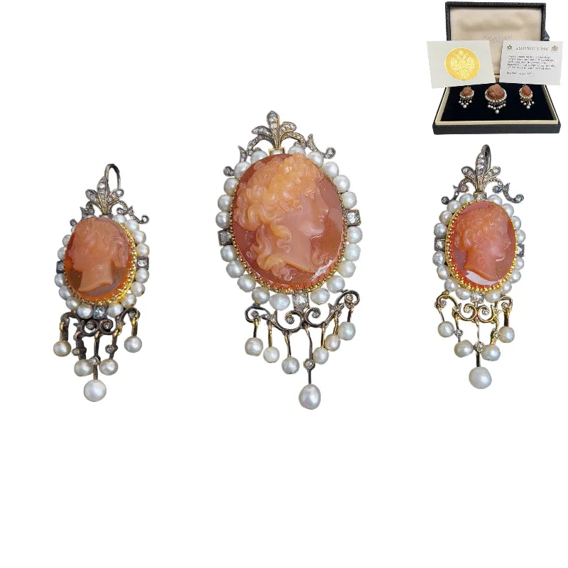 Designer Hoop Drop Earrings-A La Vieille Russie Agate Cameo Gold & Silver Diamond Pearl Pendant Earrings Set