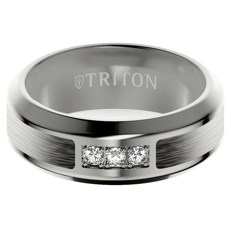 Designer Wedding Rings for Women-8MM Tantalum Ring - Three-Stone Lab-Created Diamonds and Wide Grey Inlay with Bevel Edge